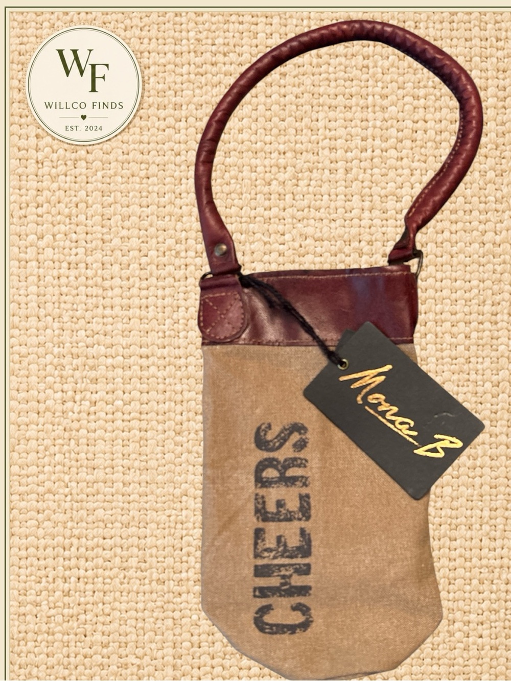 Mona B Wine Bottle Tote Canvas Burgundy Handle Rustic Farmhouse Gift Bag